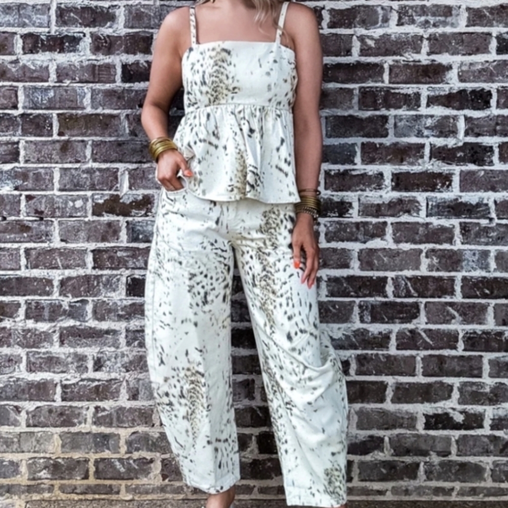 Davi & Dani Spotted Peplum Denim Top in Cream & Brown Super Soft Material New - Picture 3 of 16